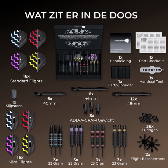 Navy Strikes Dartpijlen Set 23 Gram - Set van 12 Pijlen - 4 Soorten Grip - Flights Darts en Dart Shafts - Darten - 108 Delige Set - Incl Add-a-Gram 24 Gram van Navy Strikes — afbeelding 2
