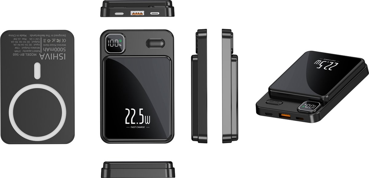 ISHIVA® MagSafe Powerbank 5000 mAh Snellader 22.5W Zwart - afbeelding 2