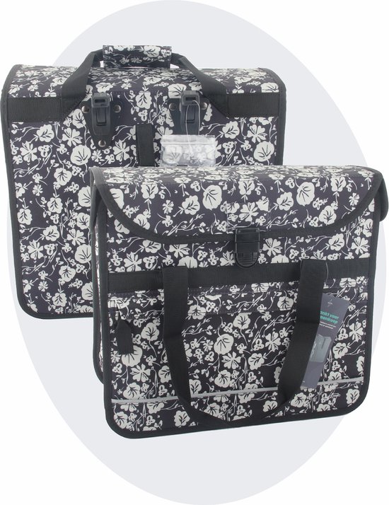 Foto: Voltano enkele shopper fietstas 17 liter midnight blossom zwart met witte bloemen waterdicht luxe universele bevestiging