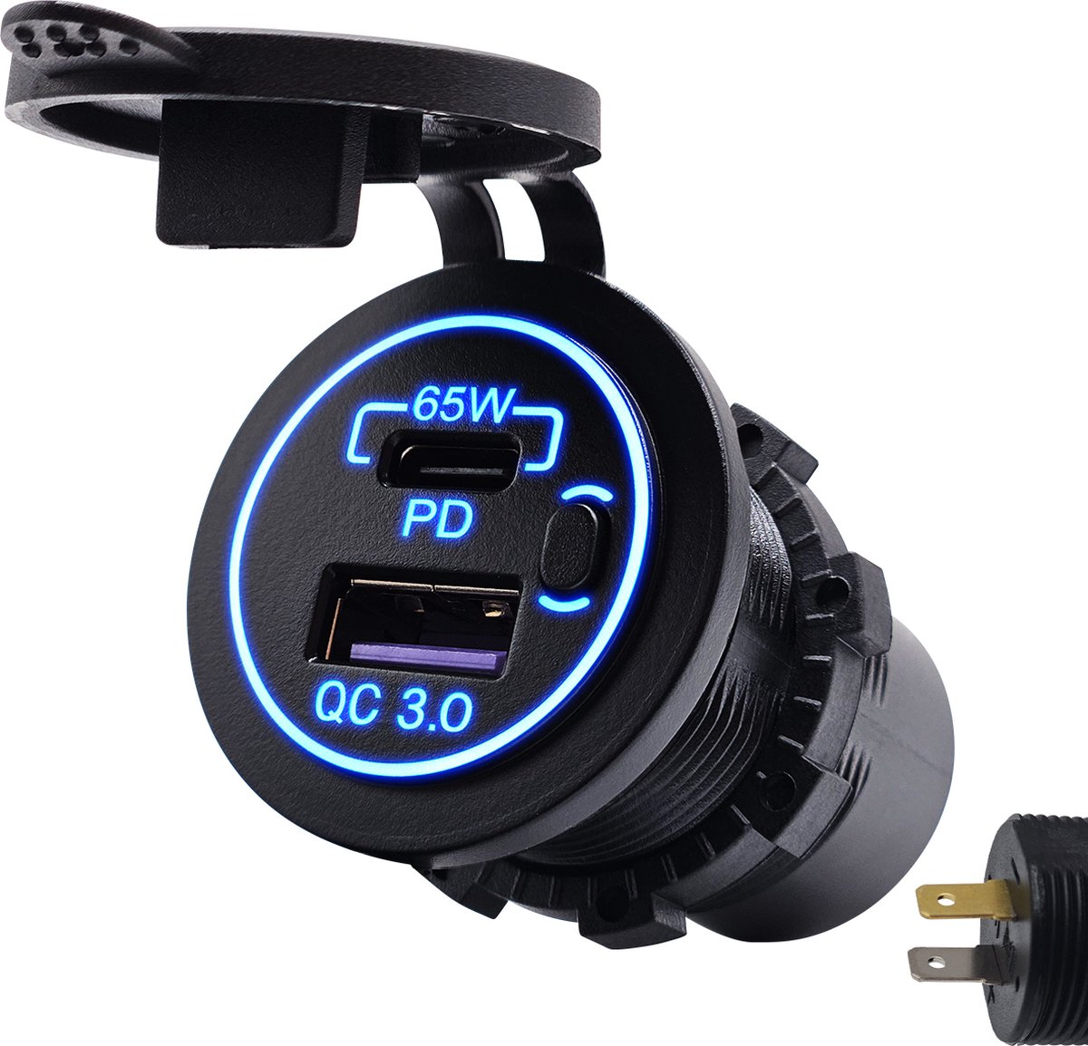 ProRide 12V USB/USB C Autolader 2 Poorten Inbouw met Schakelaar - 65W - QC3.0 - USB Stopcontact voor Auto, Boot en Camper - Blauw