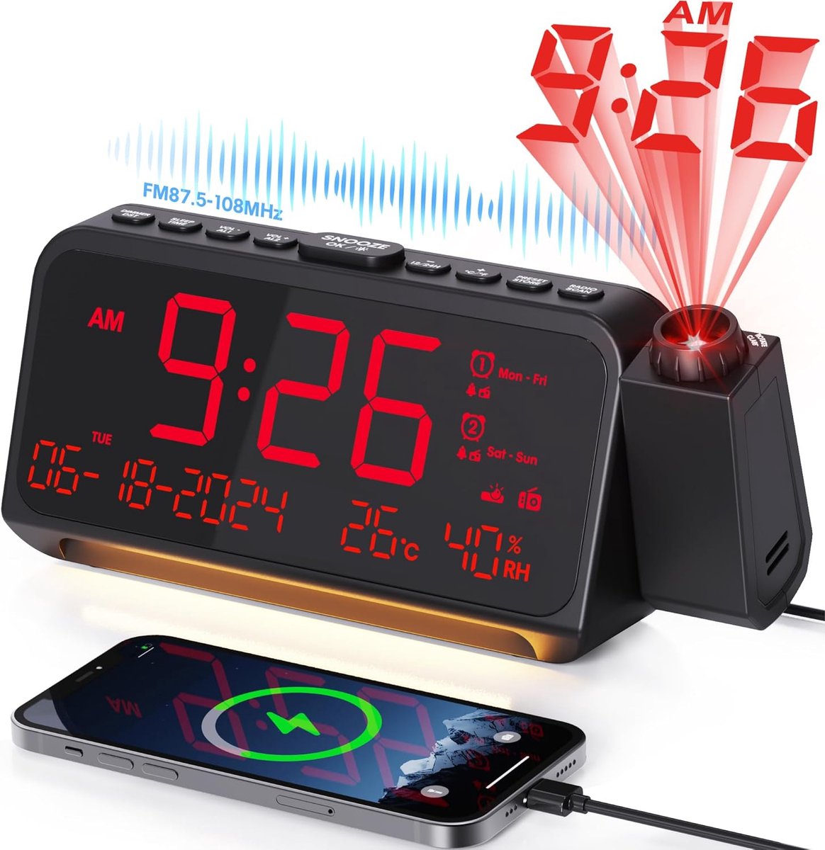 Solacis Wekkerradio Met Projectie - Wekkerradio - Digitale wekker - Wekkerradio kinderen - Wekker met projectie op plafond - Must have!