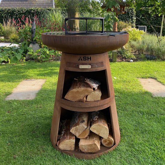 ASH - Cortenstaal - Buitenkoken - Plancha Bakken - Plancha BBQ - Buitenkeuken - Met houtopslag - Roest - Vuurschaal met kookopties