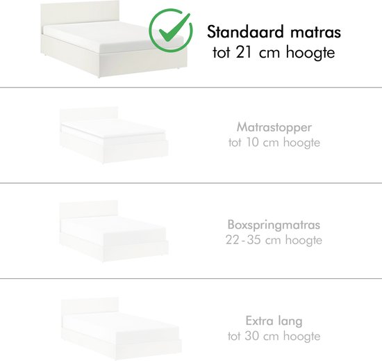 Verschillende bedmaten met opties voor hoogte. De standaard matras is tot 21 cm hoog.