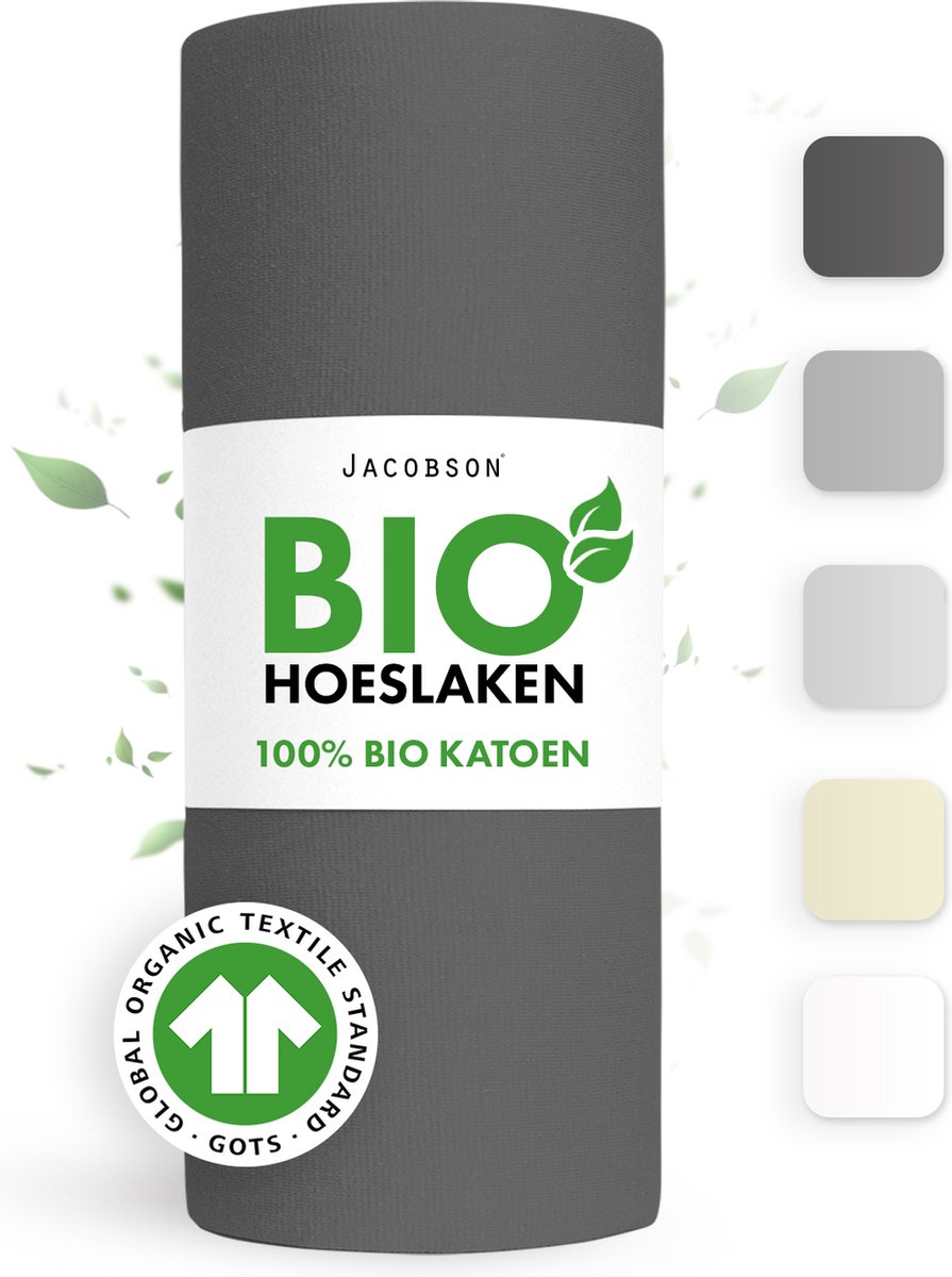Jacobson Hoeslaken – 100% Biologisch Katoen – 200x200 cm – tot 23cm matrasdikte– 160 g/m² – Antraciet
