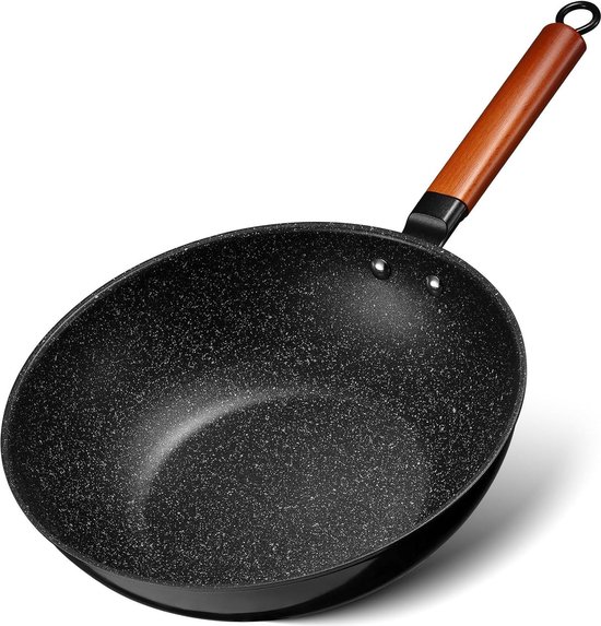Wokpan met houten handvat D35cm
