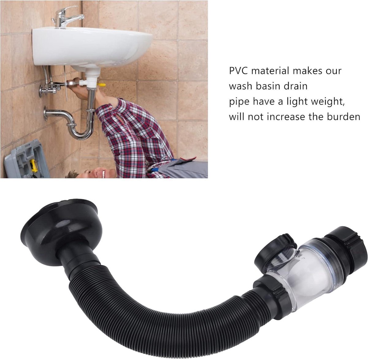 Flexible Drain Hose for Washbasin, 2 Pieces, PVC Extension Tube, Black, for Kitchen and Bathroom