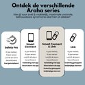 Vier Aroha series: Safety Pro, Smart Connect, Smart Connect & Link, Link. Beschrijvingen met batterijduur, notificaties en koppelingen.