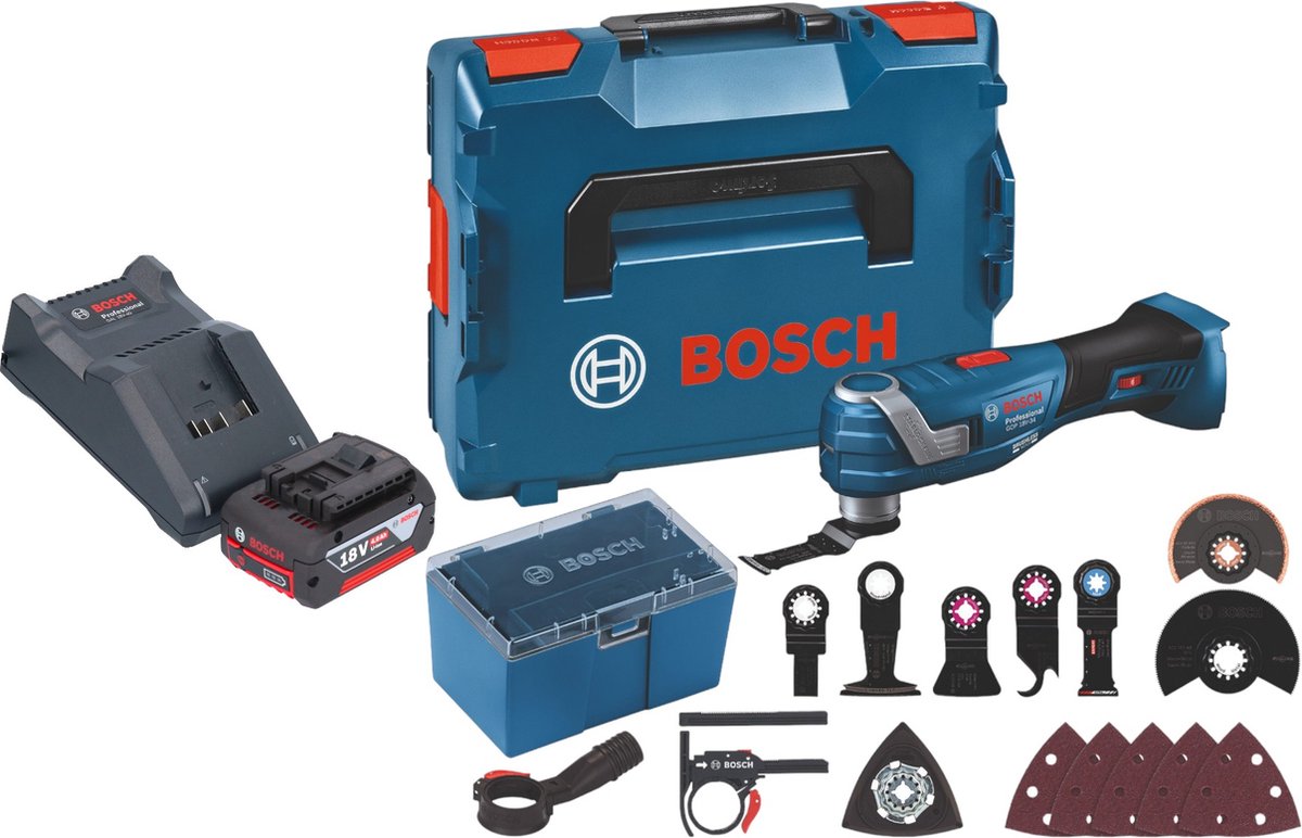 Bosch GOP 18V-34 Professional accu-multicutter 18 V Starlock Plus + 1x accu 4,0 Ah + oplader + 17-delige accessoireset + L-Boxx