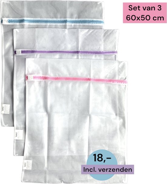Wasnet groot met rits - Set van 3 - 60 x 50 cm - Inclusief verzenden - Grote wasnetten - Ritssluiting - Wasnetjes - Washing Bag - Waszakken - Waszak - Transparant - Wit - 100% polyester - Bescherm je wasgoed en wasmachine
