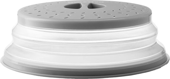Een inklapbare grijze magnetrondeksel met ventilatiegaatjes, getoond in ingeklapte staat.