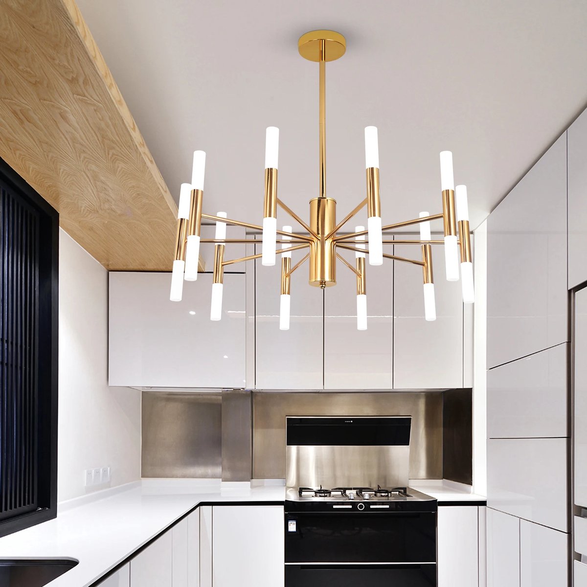 Koop Metaal kroonluchter - Industrie hanglamp - Zwart - Met 8 pcs lampvoeten - Ontworpen voor Eetkamer en Slaapkamer - 100 x 34.4 x 117.5cm - set met E27 Lamphouder - voor
