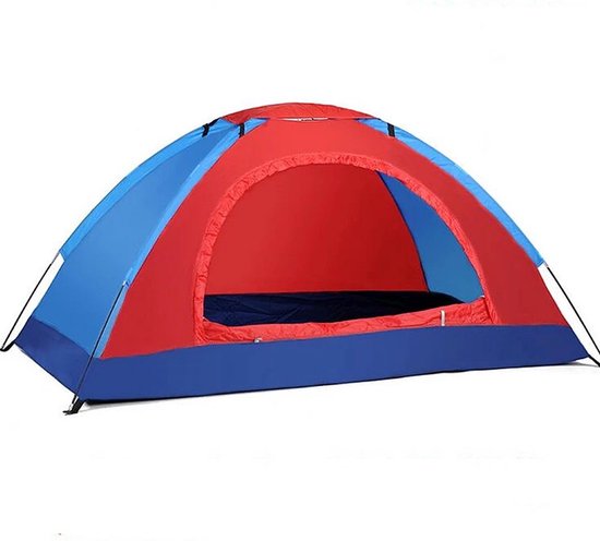 Blauwe en rode tent met open ingang.