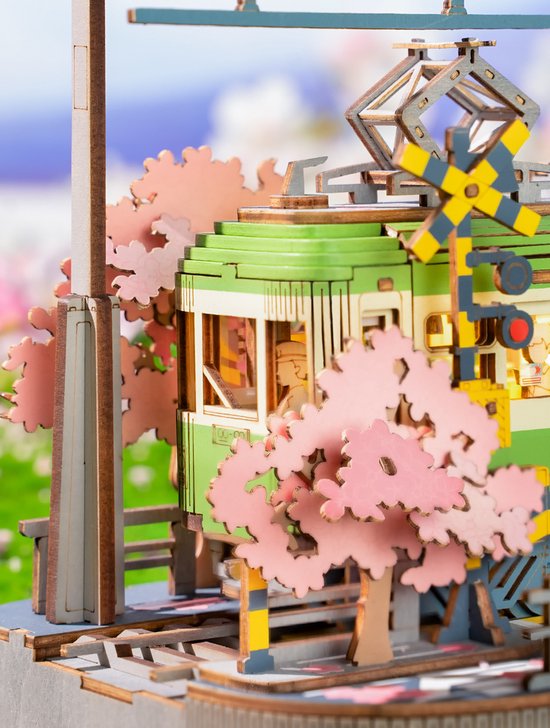 Robotime Model Kit for Adults to Build Sakura Tram with LED Lighting, Wooden 3D Puzzle, Home Decoration, Gift for Adults, Women, Girls