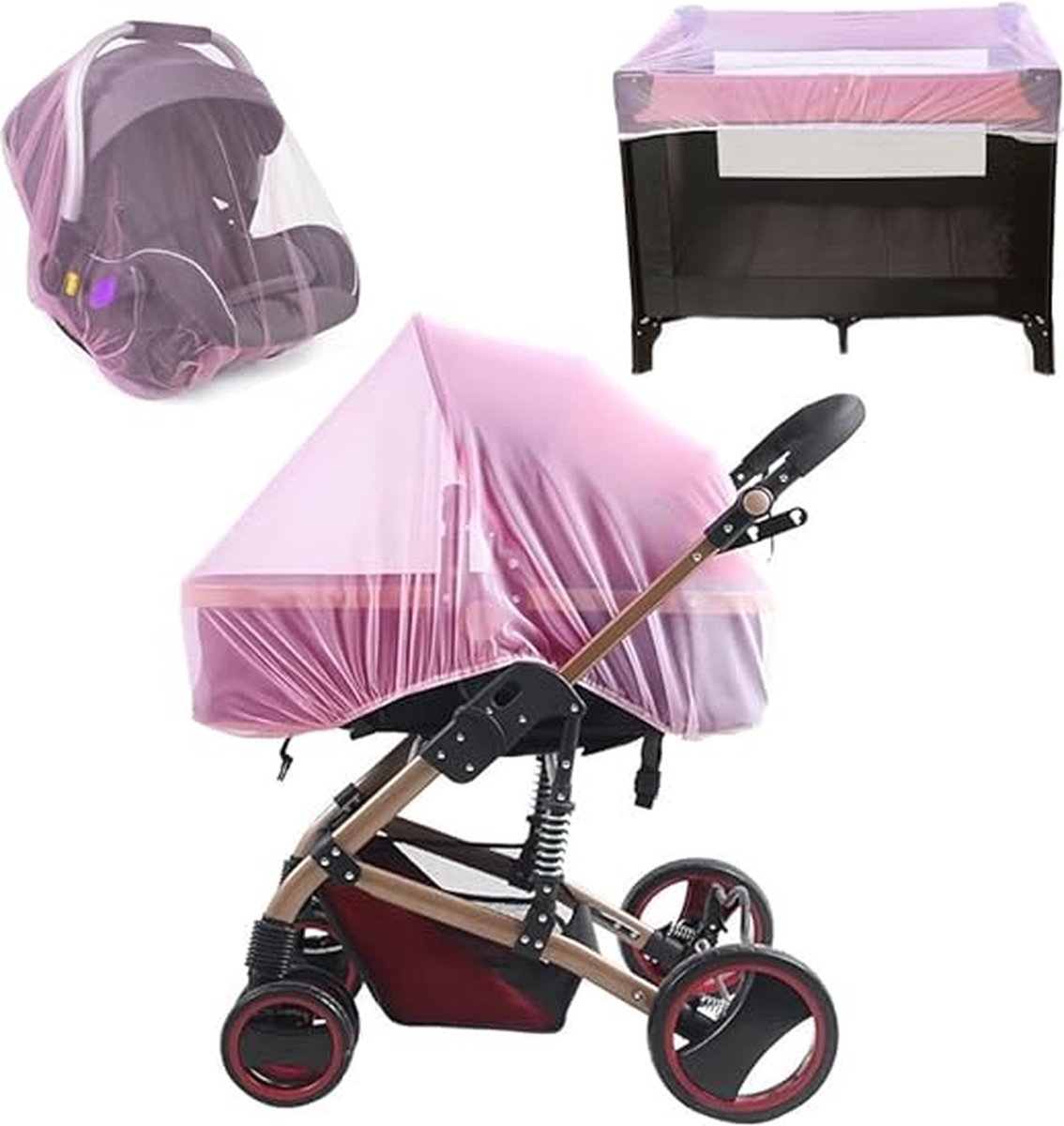 Universele insectenbescherming voor kinderwagen, muggennet voor kinderwagen, kinderwagen, muggennet, insectenwerend net voor kinderwagen, buggy, babywiegen, roze