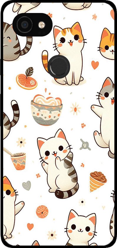 Telefoonhoesje met witte achtergrond en een speelse print van schattige katten, hartjes en eten.
