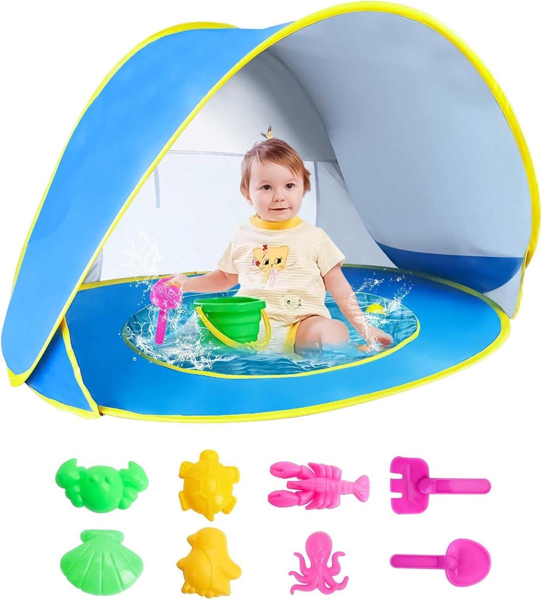 Pop-uptent baby jonger dan 3 jaar - automatische babyzonnescherm - onderdaktent met babyzwembad - babytent UV-zonwering - 50+ bescherming - oceaanstrandspeelgoed - draagtas - 4 veiligheidshaken