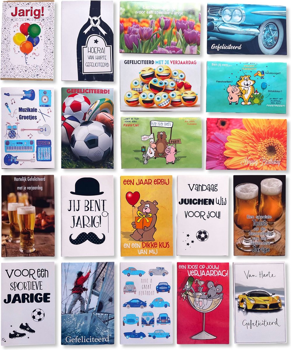 Cards & Crafts 20 Verjaardag Felicitatie Wenskaarten set - 12x17cm Verjaardagskaarten met enveloppen - Felicitatiekaarten