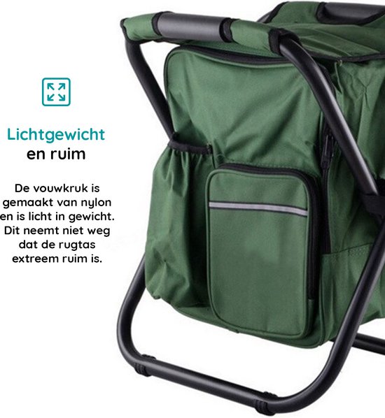 Relaxy Vouwkruk met koeltas - 3 in 1 - Draagbaar als rugzak - Koelrugzak - Uitstekend geschikt voor onderweg - Opvouwbaar viskrukje - Stevige constructie - Nylon + Staal - H41xB36xL29cm - Groen van Merkloos — afbeelding 3