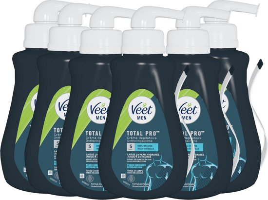 Zes flacons Veet Men Total Pro ontharingscrème met pompsysteem, in donkerblauw met groene accenten.
