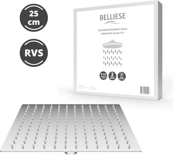 Belliese Raindance Regendouche - Douchekop - Regendouchekop - Waterbesparende Douchekop - Diameter 25,4 cm - Chroom - Vierkant