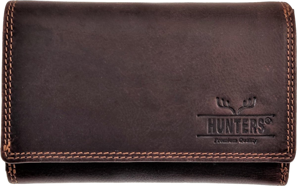 Portemonnee Dames - RFID Protected Anti - Donkerbruin Buffelleer - Overslag Portemonnee HUNTERS