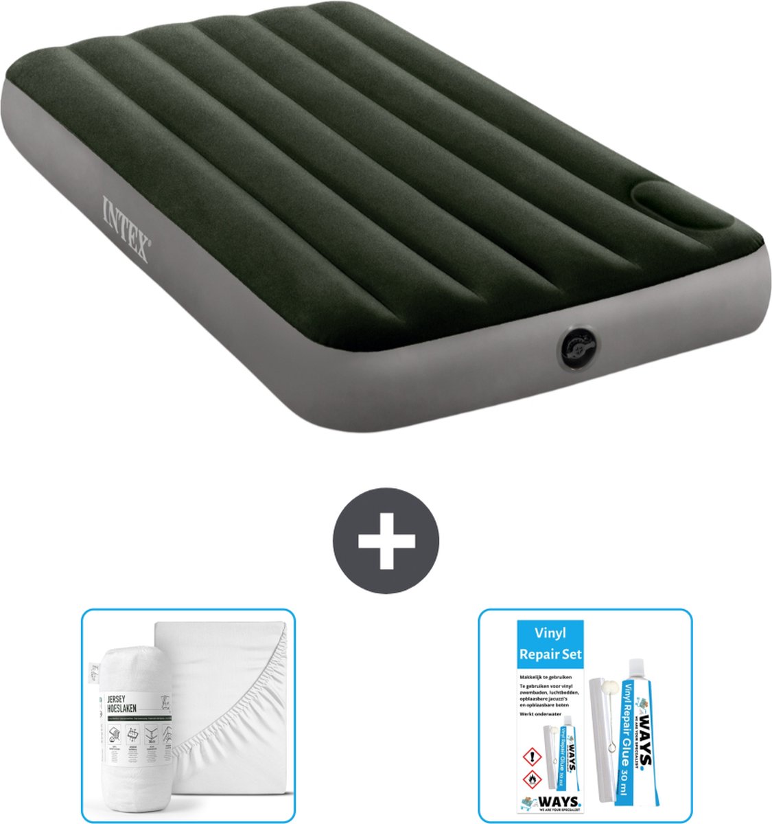 Intex Luchtbedset- 1-Persoons - 99 x 191 x 25 cm - Groen - Met ingebouwde voetpomp + Hoeslaken Wit + Reparatieset