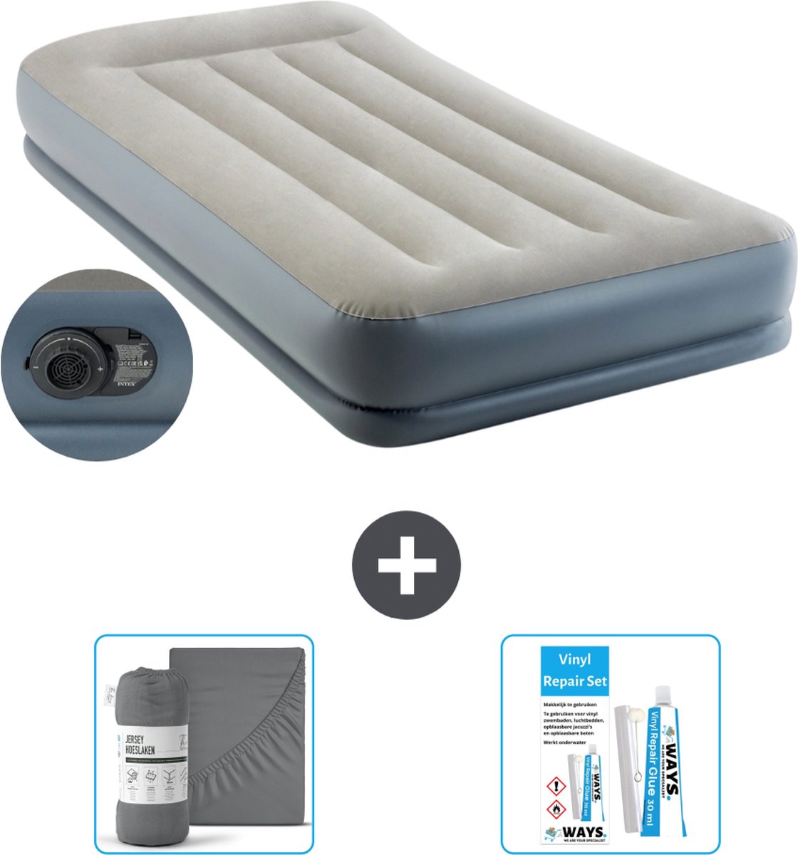 Intex Luchtbed - 1-Persoons - 99 x 191x 30 cm - Grijs - Inclusief pomp - Hoeslaken en Reparatieset
