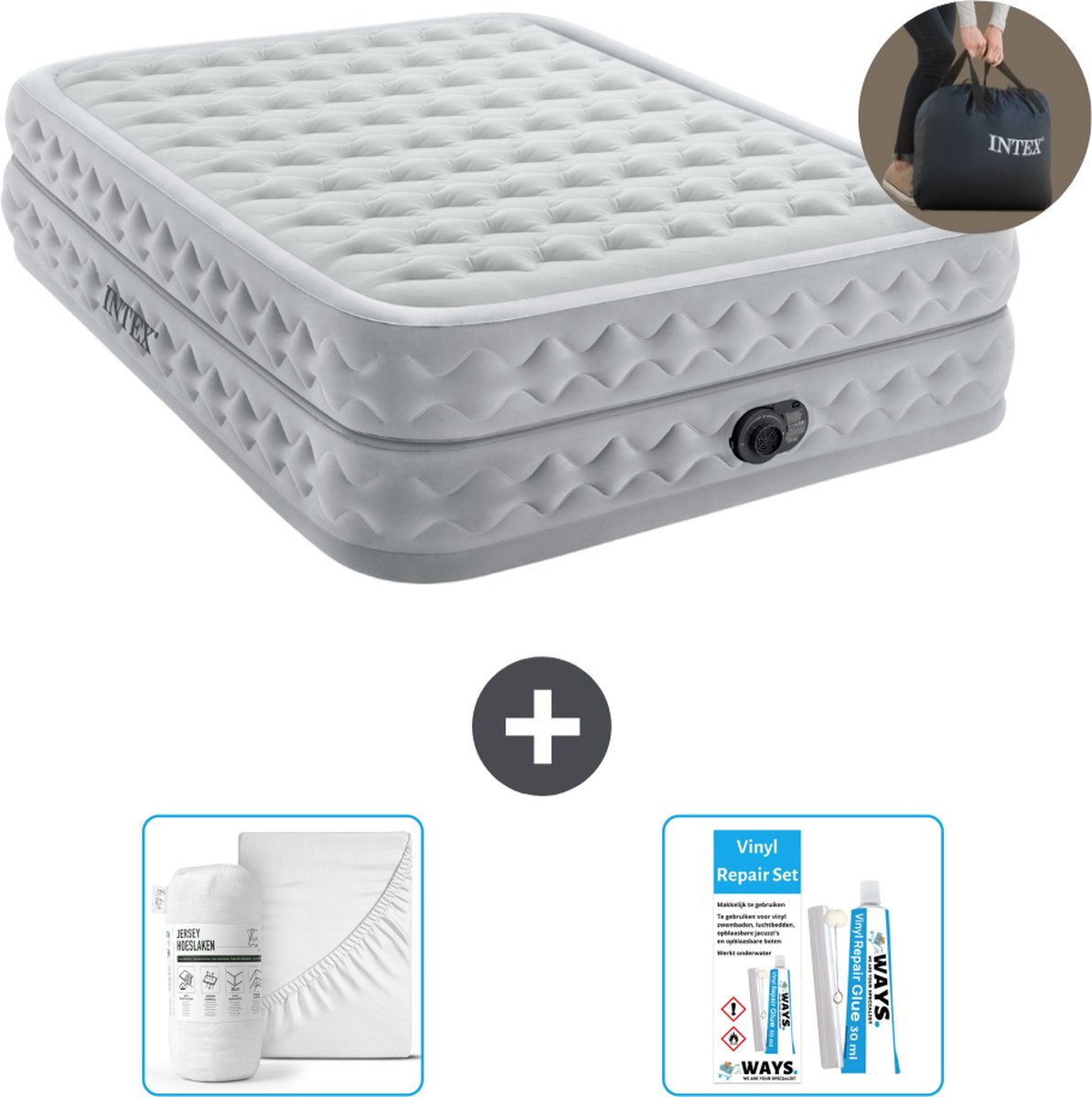 Intex Luchtbedset- 2-Persoons - 152 x 203 x 51 cm - Grijs - Met Ingebouwde pomp + Hoeslaken Wit + Reparatieset