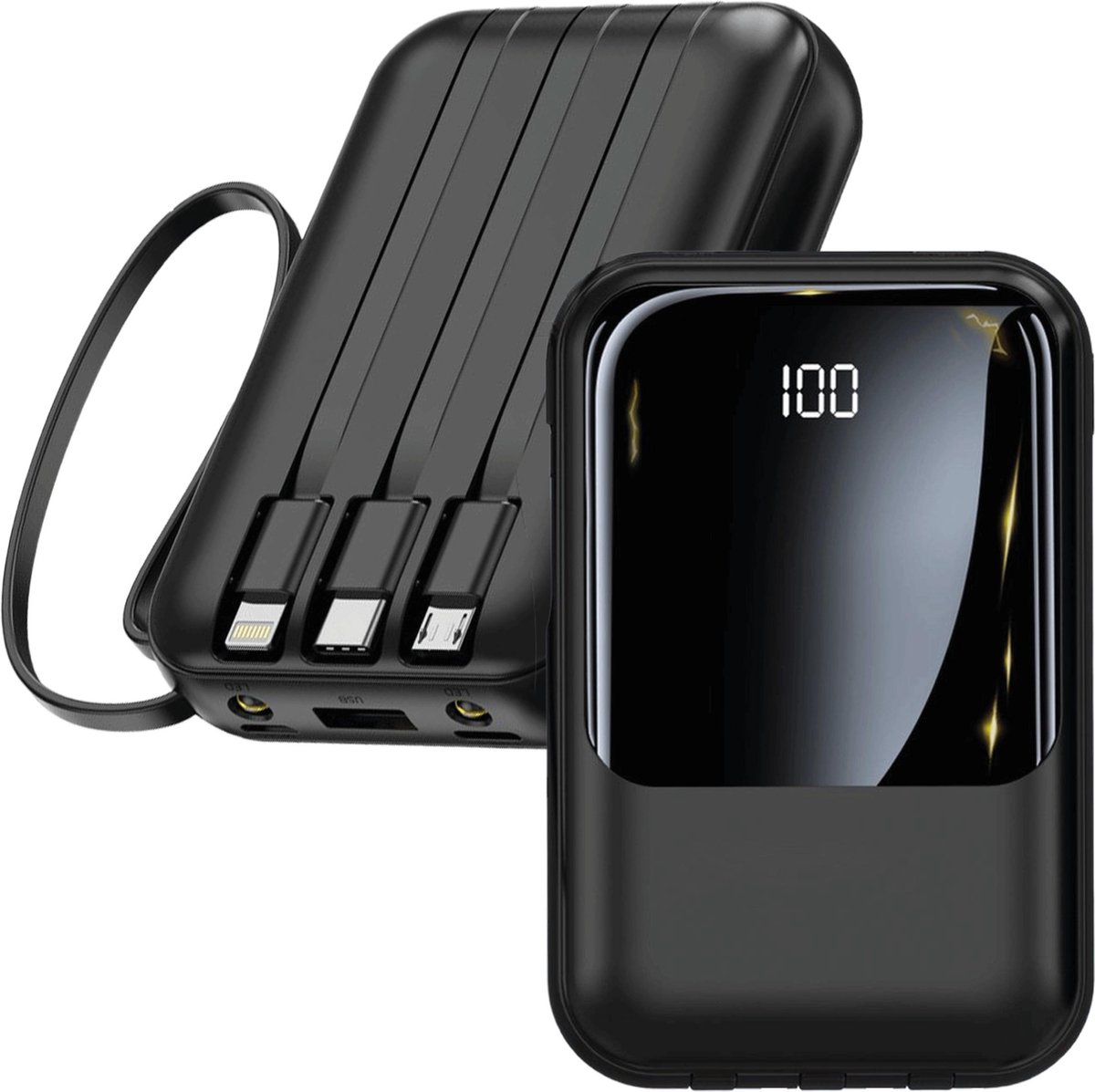 Multi Powerbank met Quick Charge en Ingebouwde Kabels - USB-C geschikt voor Lightning en Micro USB - Zaklamp - 10000 mAh - Geschikt voor iPhone Powerbanks met oplaadkabel