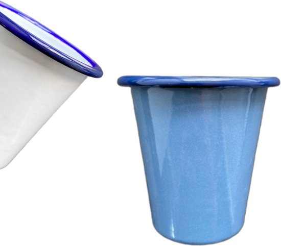 Tasses émaillées - Mugs émaillés - Services de table émaillée - Wit et vieux bleu - 8 pièces