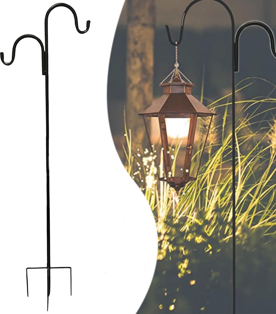 SWAWIS Herdershaak 193CM Herdersstaf Tuin Herdersstaf Dubbele haak met 5-punts basis Lantaarnstok Metalen tuinstok Herdershaken Herdersboog voor vogelvoeder, plantenmanden, lantaarns