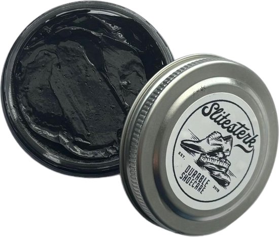 Zwarte schoencrème in een potje met label 'Slitesterk Durable Shoecare'.