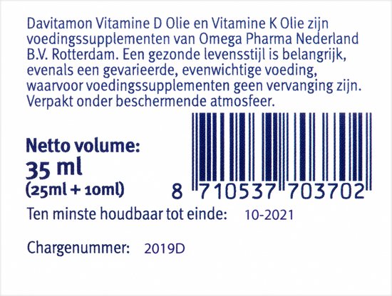 Achterkant van Davitamon duo verpakking met netto volume 35 ml, barcode en houdbaarheidsdatum.