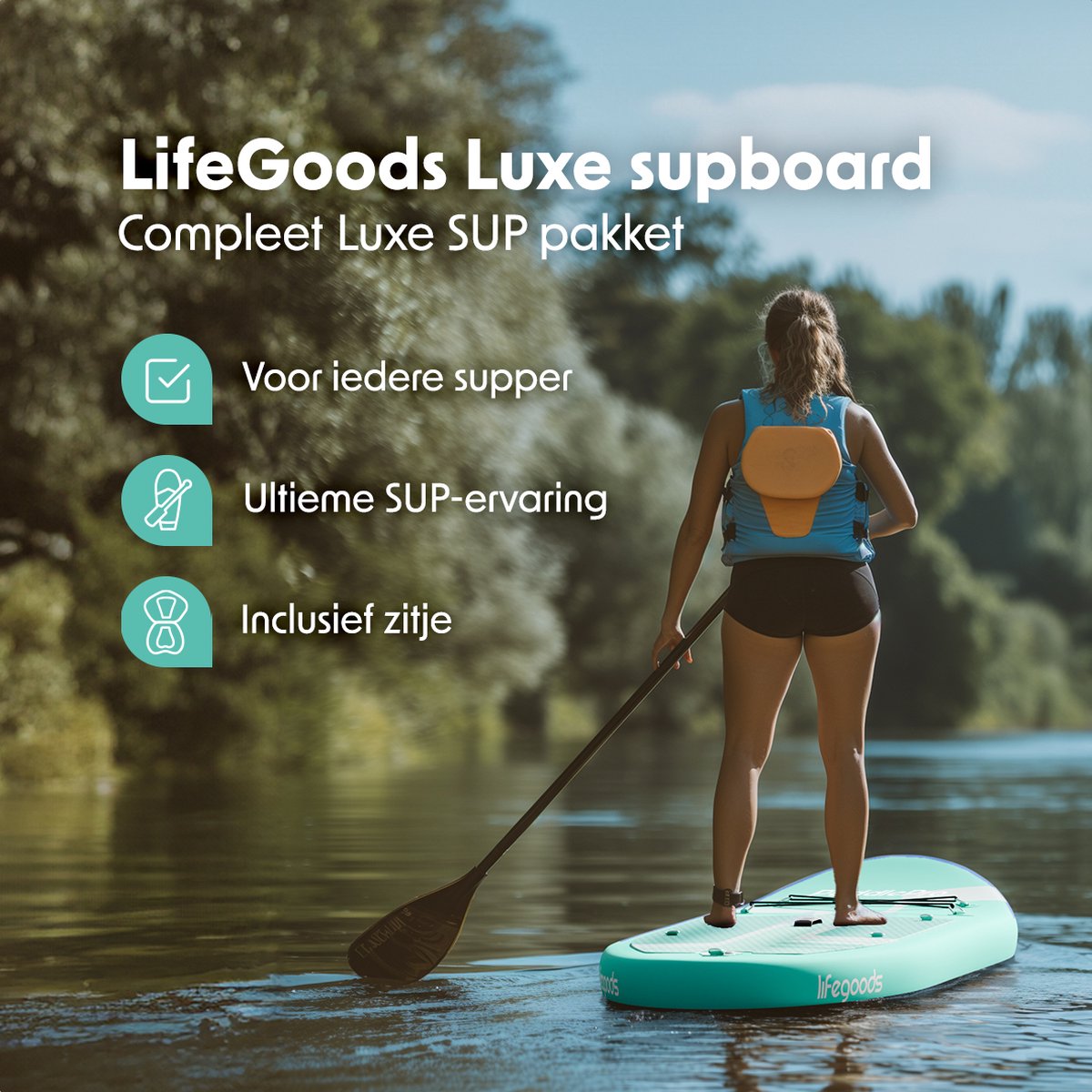 LifeGoods PaddlePro SUP Board - Luxe Set - met Zitje - Opblaasbaar Paddle Board - Max. 150KG - 320x81cm - Mintgroen – foto 2