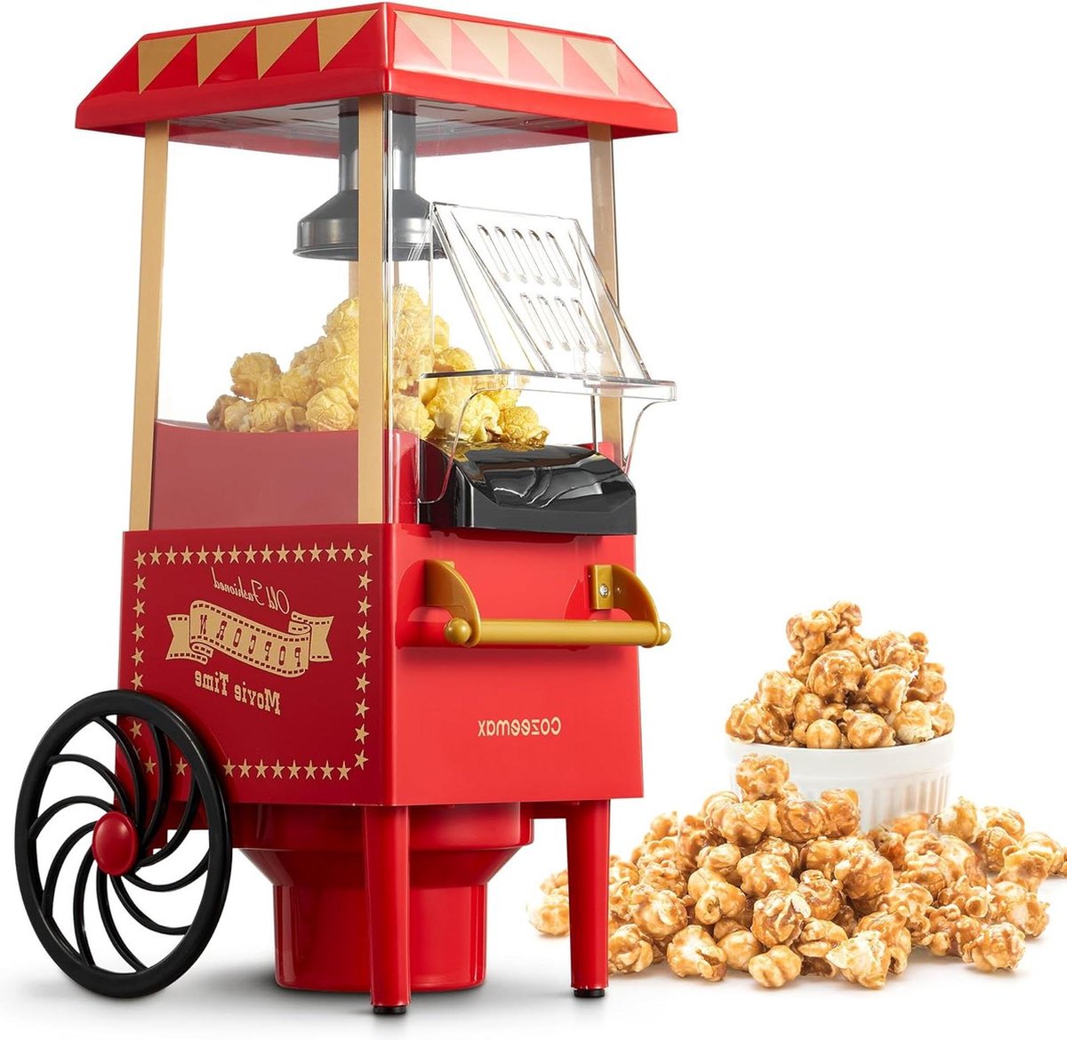 Popcornmachine retro 1200 W hete lucht popcornmachine zonder vet vetvrij olievrij popcornpopper rood met één knop voor thuis popcorn bowl