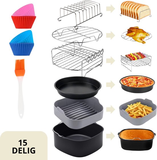 Keukenvriend © Airfryer accessoires - 15 delig - Vierkante Heteluchtfriteuse Accessoires Set - Airfryer Bakjes, Siliconen Bakjes - Grijs