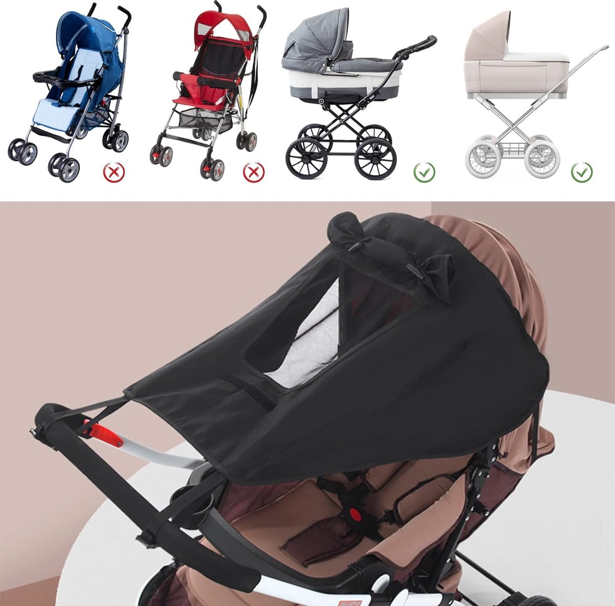 Zonnezeil voor kinderwagen universeel zonnescherm voor kinderwagen met uv-bescherming 50+ verstelbare kinderwagen zonwering met kijkvenster en zijvleugels uv-bescherming voor buggy (zwart)