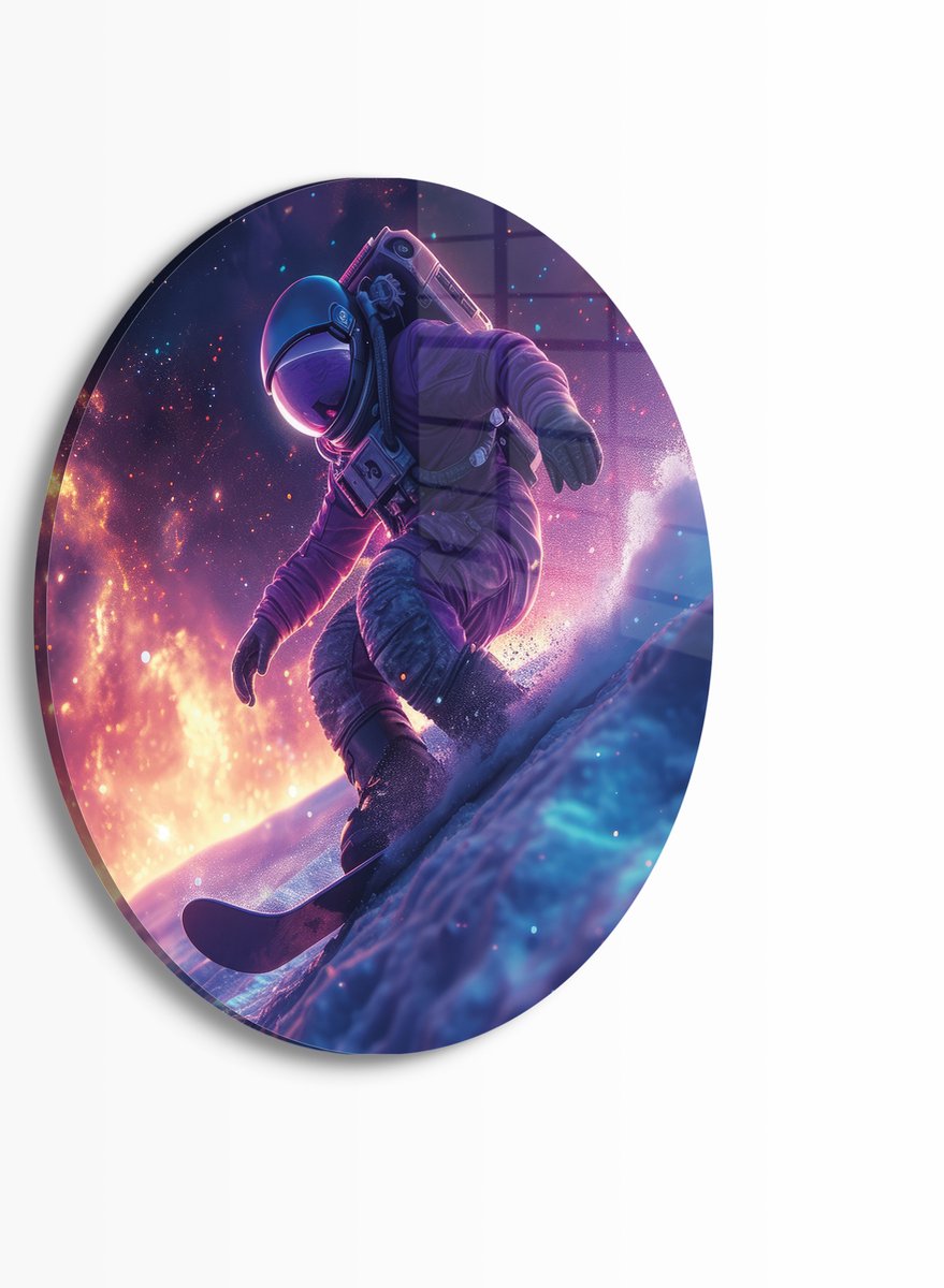 Myfinto Indoorart - Muurcirkel Snowboarding Astronaut Plexiglas 40 cm - Wanddecoratie - Afbeelding op Plexiglas - Inclusief ophangplaat zwart, roze, paars, blauw