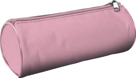 Rond, pastelroze etui met ritssluiting.