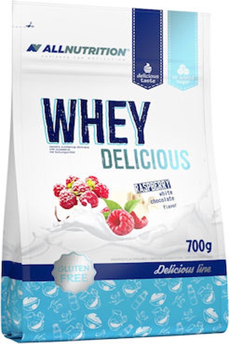 Goedkoopste AllNutrition | Delicious | Gluten vrij Whey protein | White chocolate raspberry | 700gr 23 servings | Eiwitshake | Supplement | Mix van (blended) concentraat / isolaat | Nutriworld