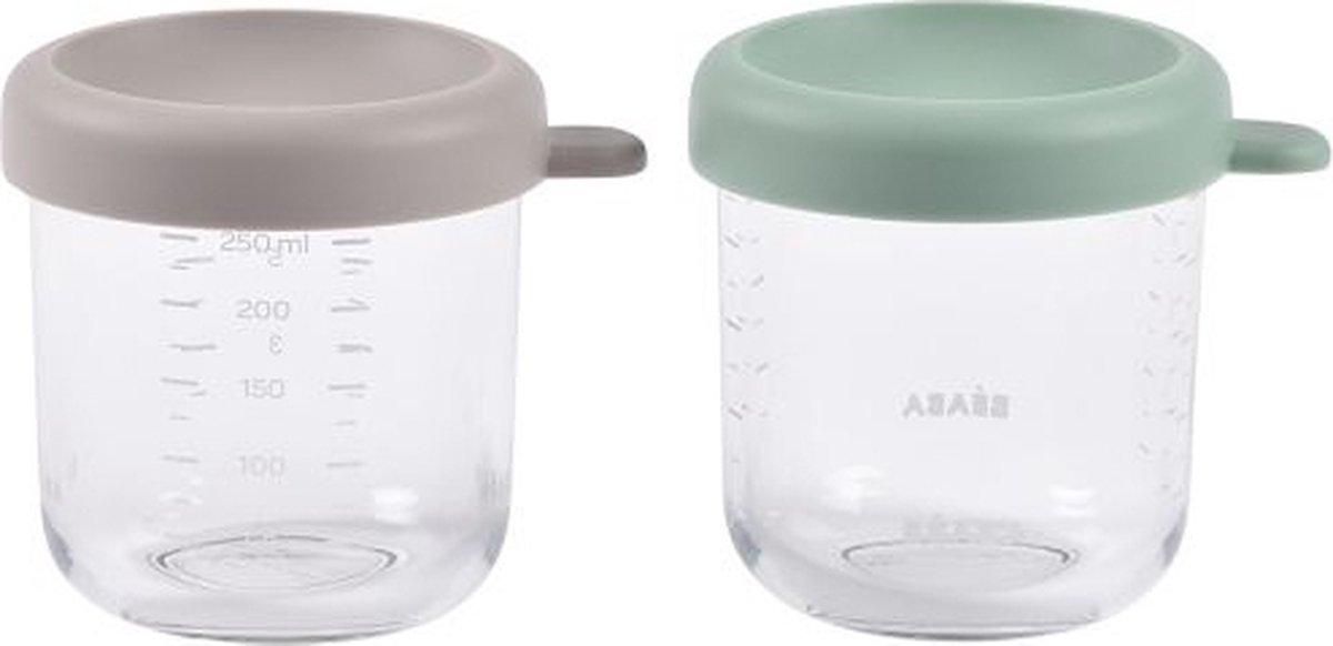 Béaba Set van 2 Glazen Bewaarpotjes - 250 ml - Kan in Vaatwasser, Vriezer & Magnetron - Hermetisch & Stapelbaar - Grijs/Groen