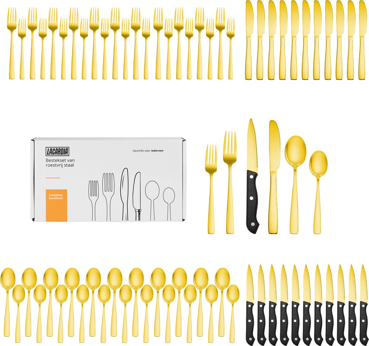 Bol.com LaCardia 12 Persoons Bestekset 72-Delig - Lepels - Messen - Vorken - Steakmessen - Vaatwasserbestendig - Bestek - Goud/RVS aanbieding