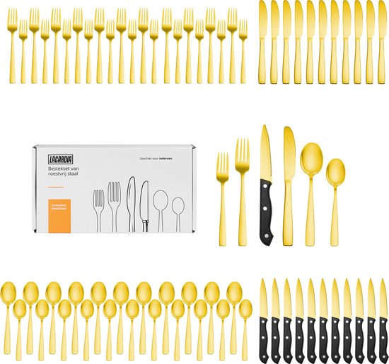 LaCardia 12 Persoons Bestekset 72-Delig - Lepels - Messen - Vorken - Steakmessen - Vaatwasserbestendig - Bestek - Goud/RVS