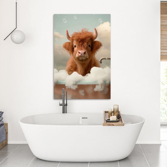 Tableau toile 80x120 cm - Décoration murale salle de bain Highlander écossais - Bain - Mousse - Vache - Décoration murale murale WC - Accessoires décoratifs - Décoration murale Toilettes - Peintures sur toile
