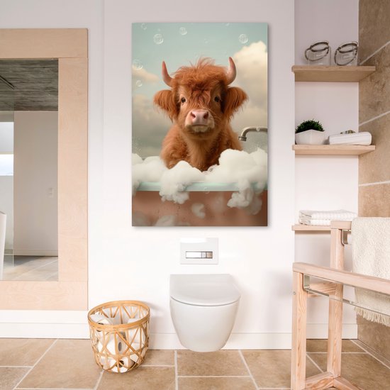 Tableau toile 80x120 cm - Décoration murale salle de bain Highlander écossais - Bain - Mousse - Vache - Décoration murale murale WC - Accessoires décoratifs - Décoration murale Toilettes - Peintures sur toile