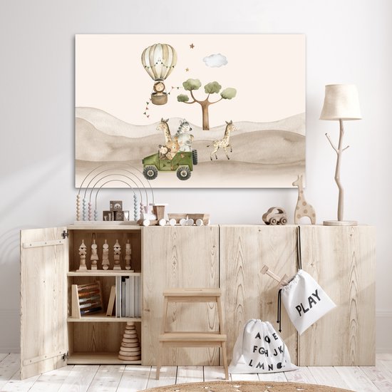 Peinture sur toile 120x80 cm - Décoration murale chambre enfant Animaux sauvages - Safari - Aquarelle - Montgolfière - Décoration murale murale chambre bébé - Décoration chambre garçon et fille - Accessoires Bébé - Peintures