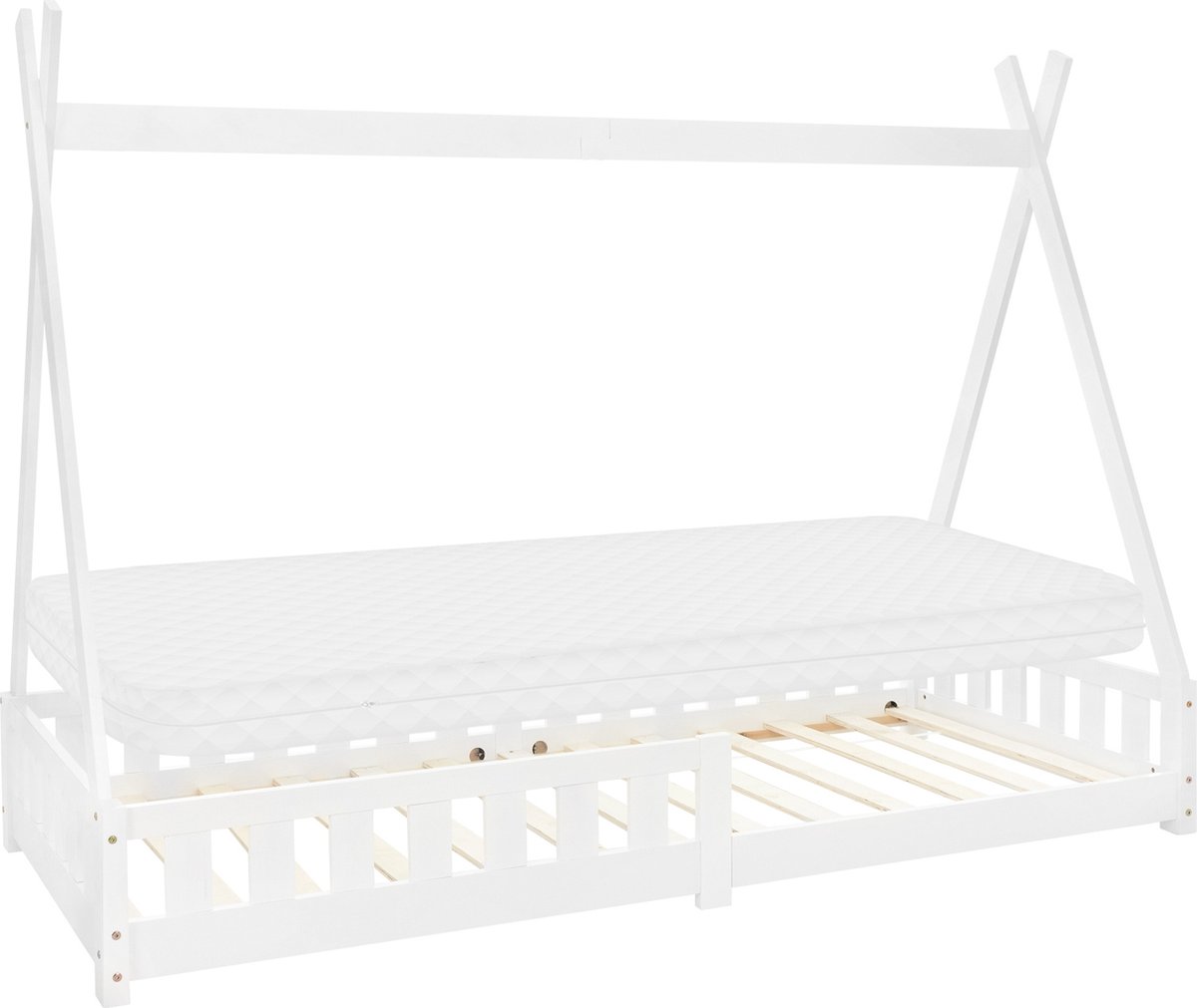 ml-design tipi-serie kinderbed 90x200 cm wit met koudschuimmatras lattenbodem en valbeveiliging massief grenen houten huisbed in Indianenstijl met hek geschikt voor meisjes en jongens speelbed en vloerbed in tentvorm voor de kinderkamer