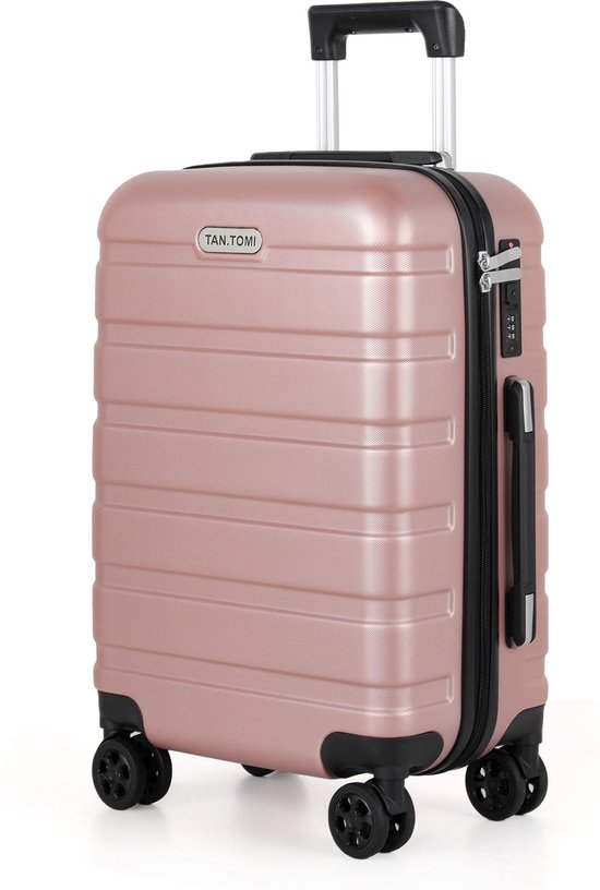 Roze gouden handbagage koffer van Tan.Tomi met wielen op witte achtergrond.