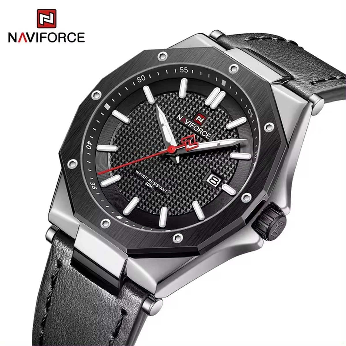 NAVIFORCE horloge voor mannen, met zwarte lederen polsband, zilveren uurwerkkast en zwarte wijzerplaat ( Model 9200L SBB ), verpakt in mooie geschenkdoos