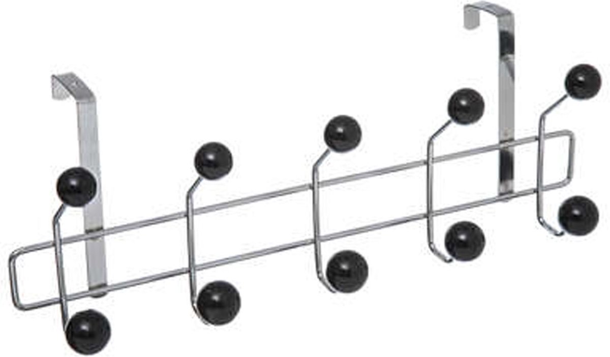 5Five® 5Five Deur ophang kapstok - met 10 ophanghaken/knoppen - zilver/zwart - B44 x H17 cm - metaal/kunststof